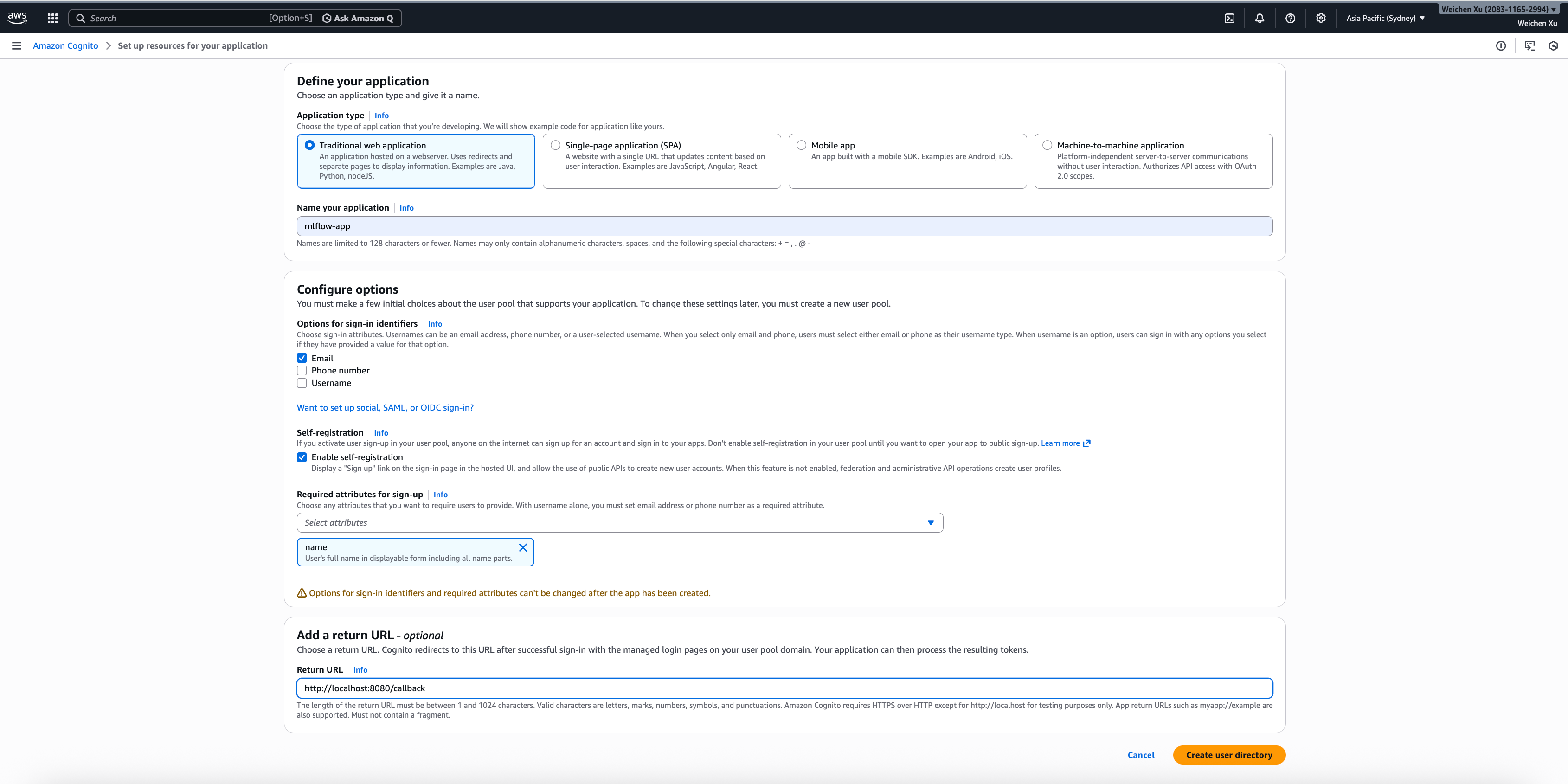 AWS Cognito user pool creation
