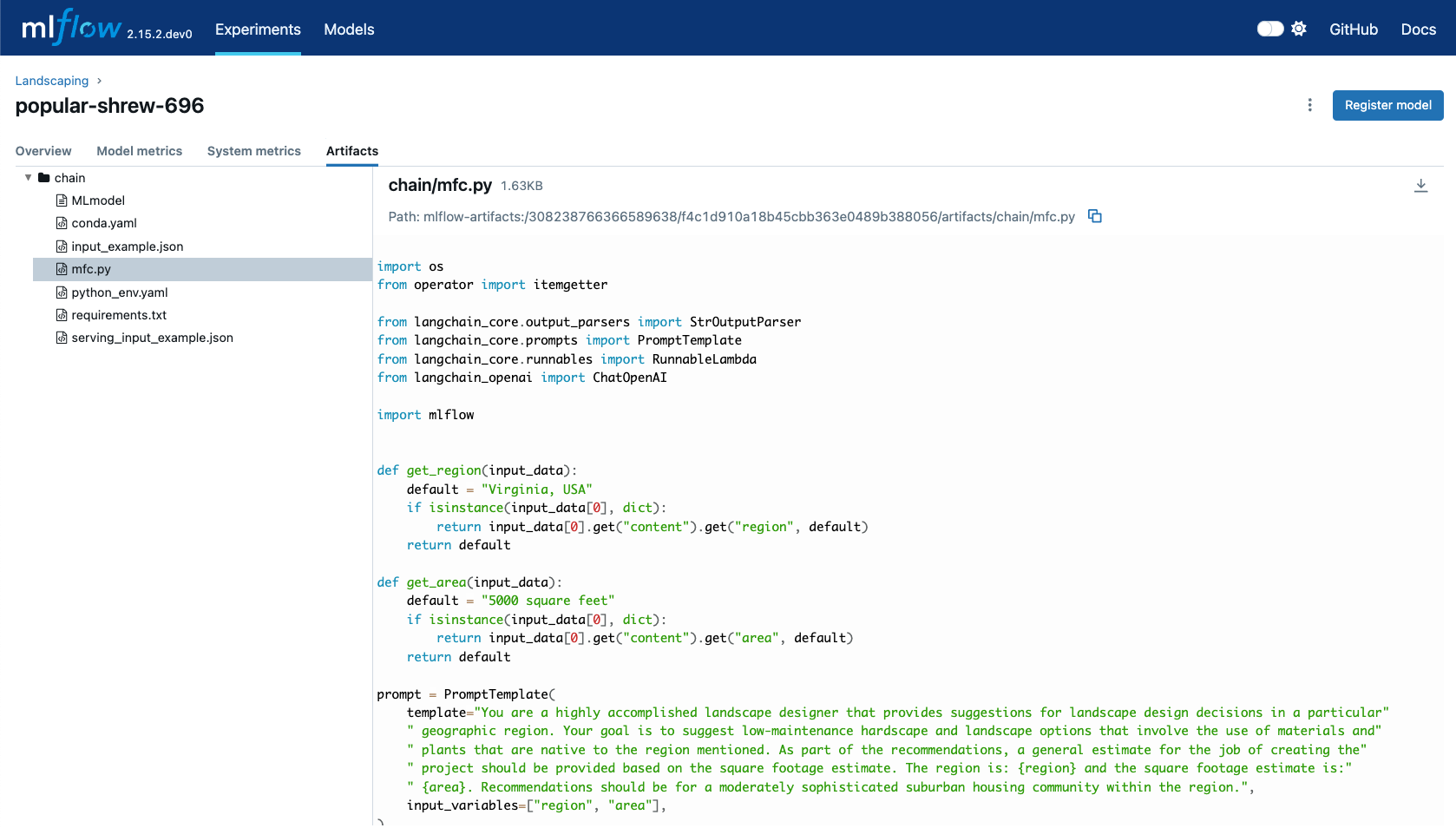 The MLflow UI showing models from code usage and the mfc.py script that defines the LangChain LCEL chain definition