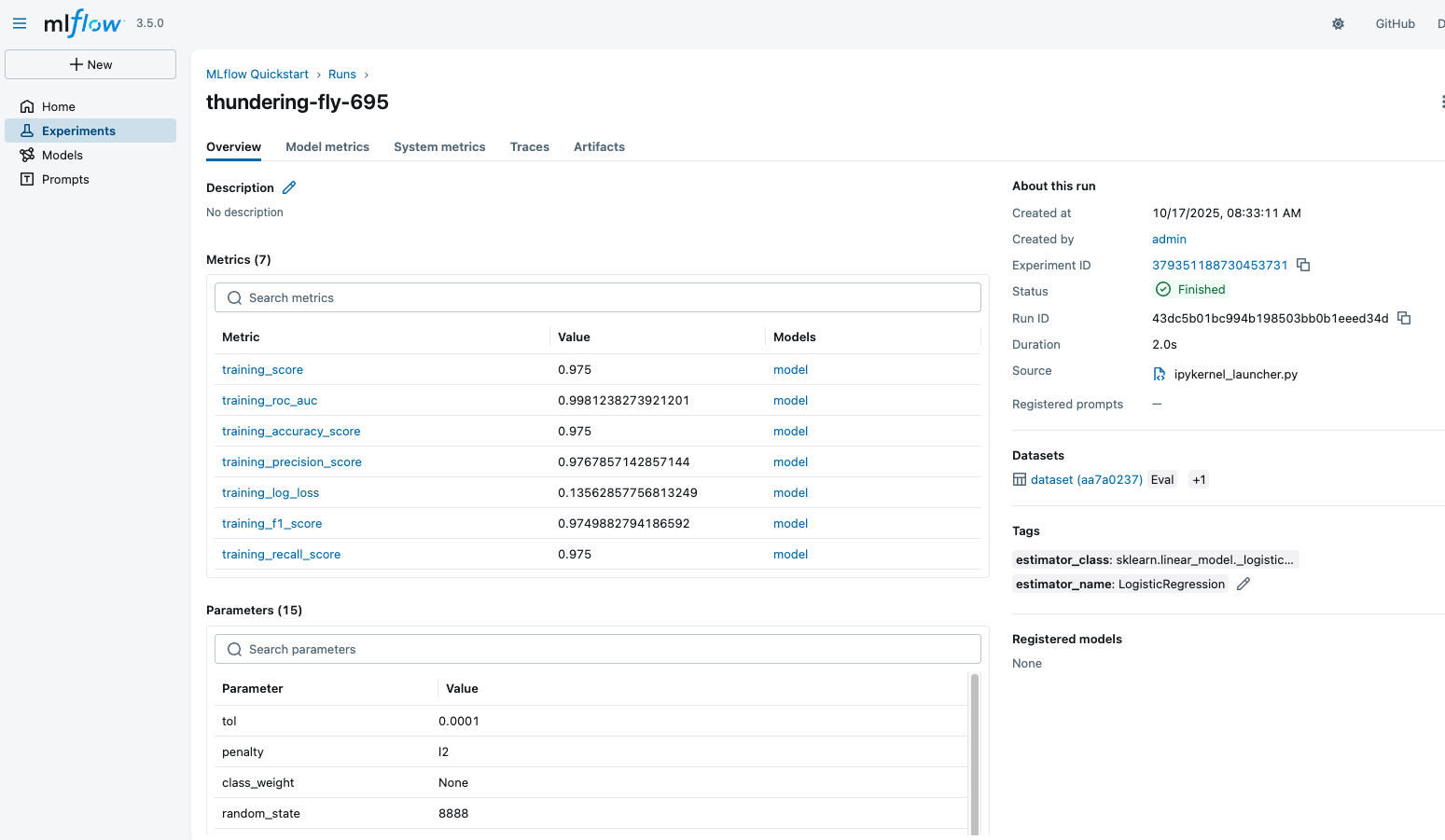 MLflow UI Run detail page