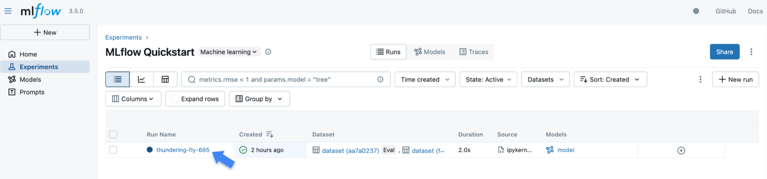 MLflow UI Run list page
